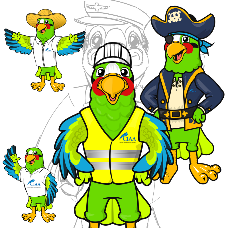 Cayman-Islands-Airport-Authority-Reference-Project-Mascot-Poses-Promo-Bears- Maskottchenposen eines Papageien-Maskottchens für Print- und Onlinebenutzung