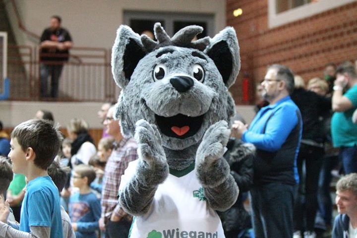 Graues Wolf-Maskottchen lächelt in einer Menschenmenge, präsentiert die Einsatzbereitschaft, die durch Maskottchen-Zubehör gewährleistet wird.