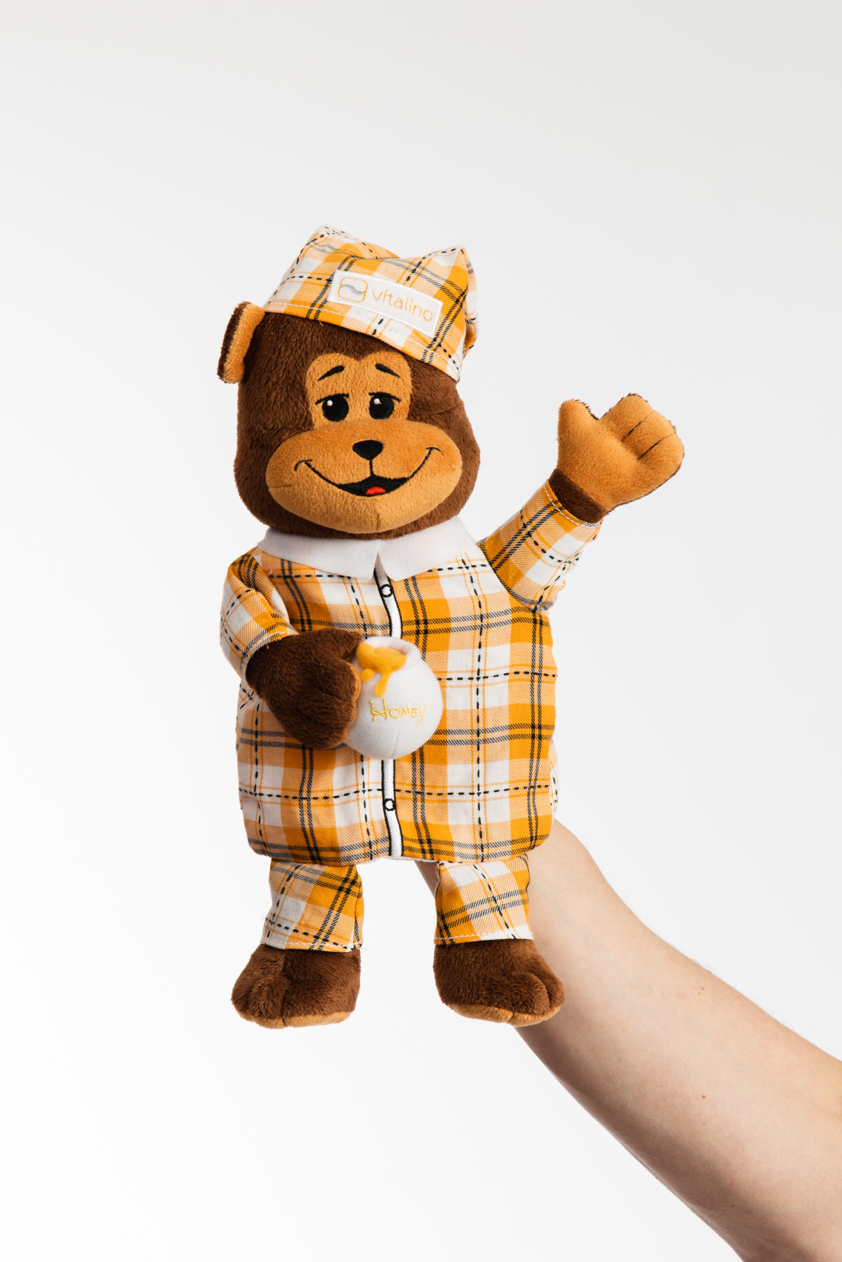 Hand puppet bear in pyamasma Individuelle Handpuppe hergestellt durch Promo Bears