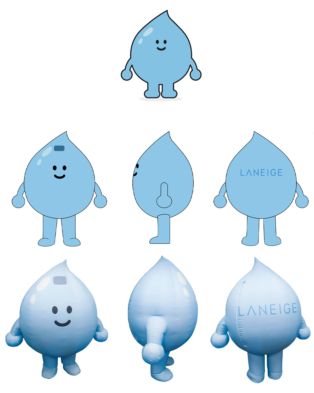 Inflatable-mascot-concept—design—final-costume Produktionszeichnung für eine aufblasbares Maskottchenkostüm in Form eines Tropfens - hergestellt von Promo Bears