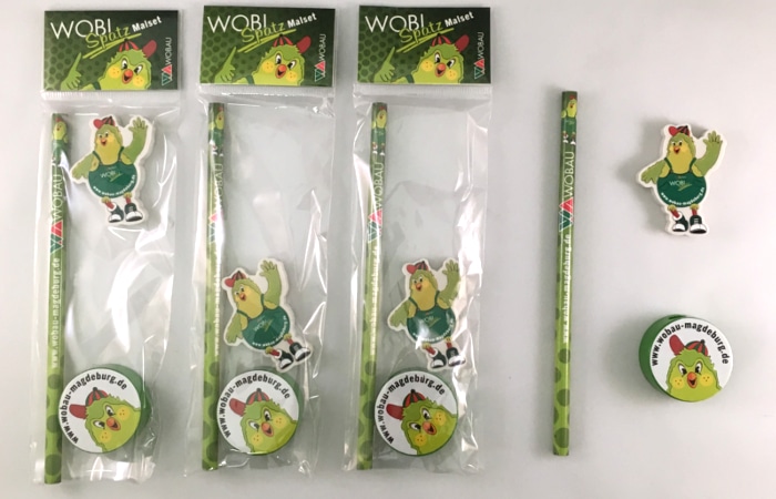 Mascot-Kids-stationery-gift-set Stationary set with pencil, gum and sharpener for kids