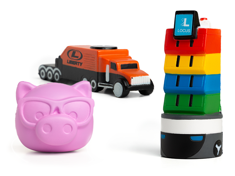 Stressballs-made-by-Promo-Bears Custom stress balls in various shapes- pig, truck and abstract stress ball