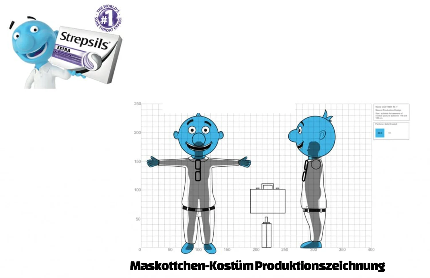 Produktionszeichnung für ein blaues Maskottchen-Kostüm von Promo Bears