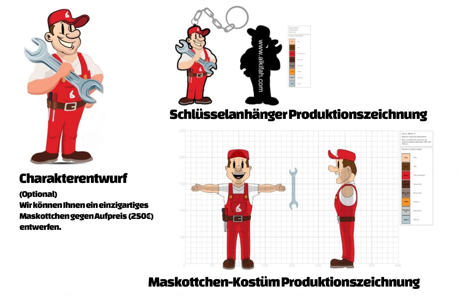 Produktionszeichnung eines Handwerker Maskottchen mit passenden Schlüsselanhängern