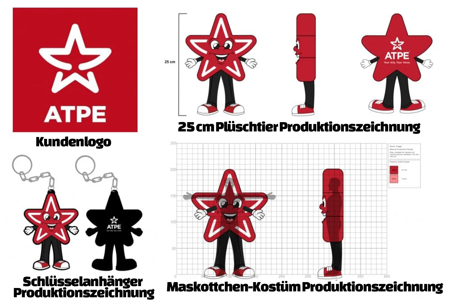 Maskottchen und Werbeartikel basierend auf einem Firmenlogo - Produktionszeichnung