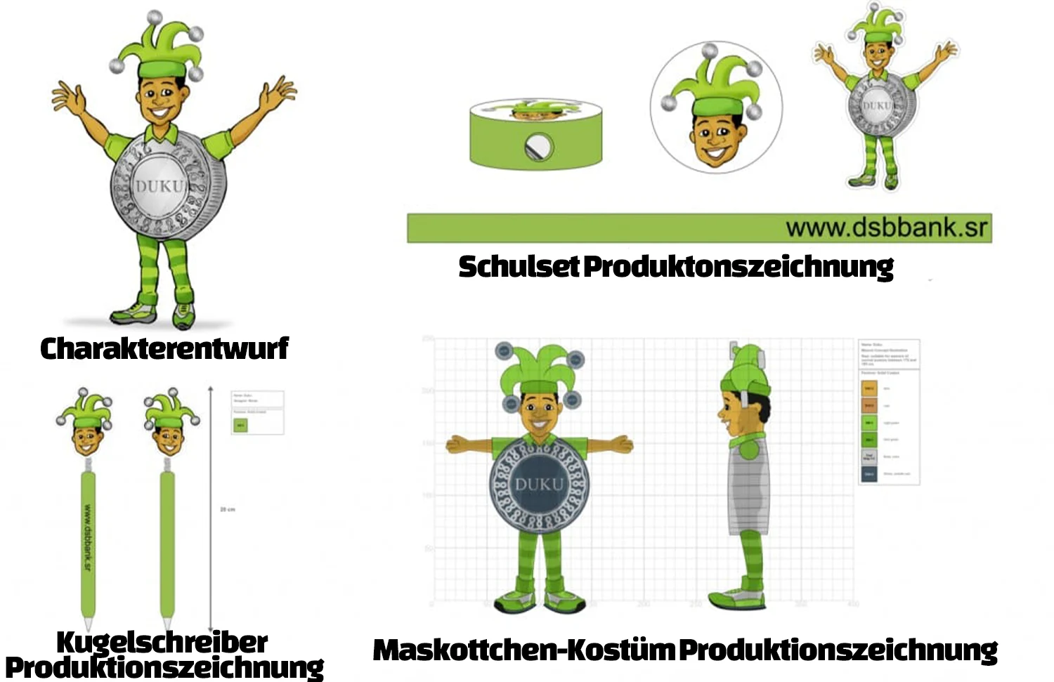 Produktionszeichnungen für ein Kasper Maskottchen und Werbeartikel