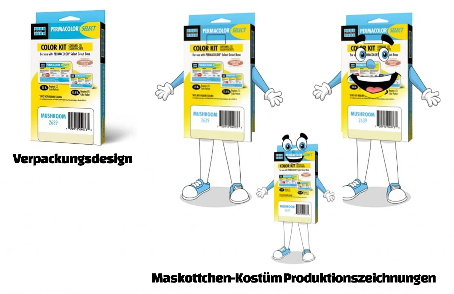 Produktionszeichnung eines Produktmaskottchen basierend auf einem Verpackungsdesign