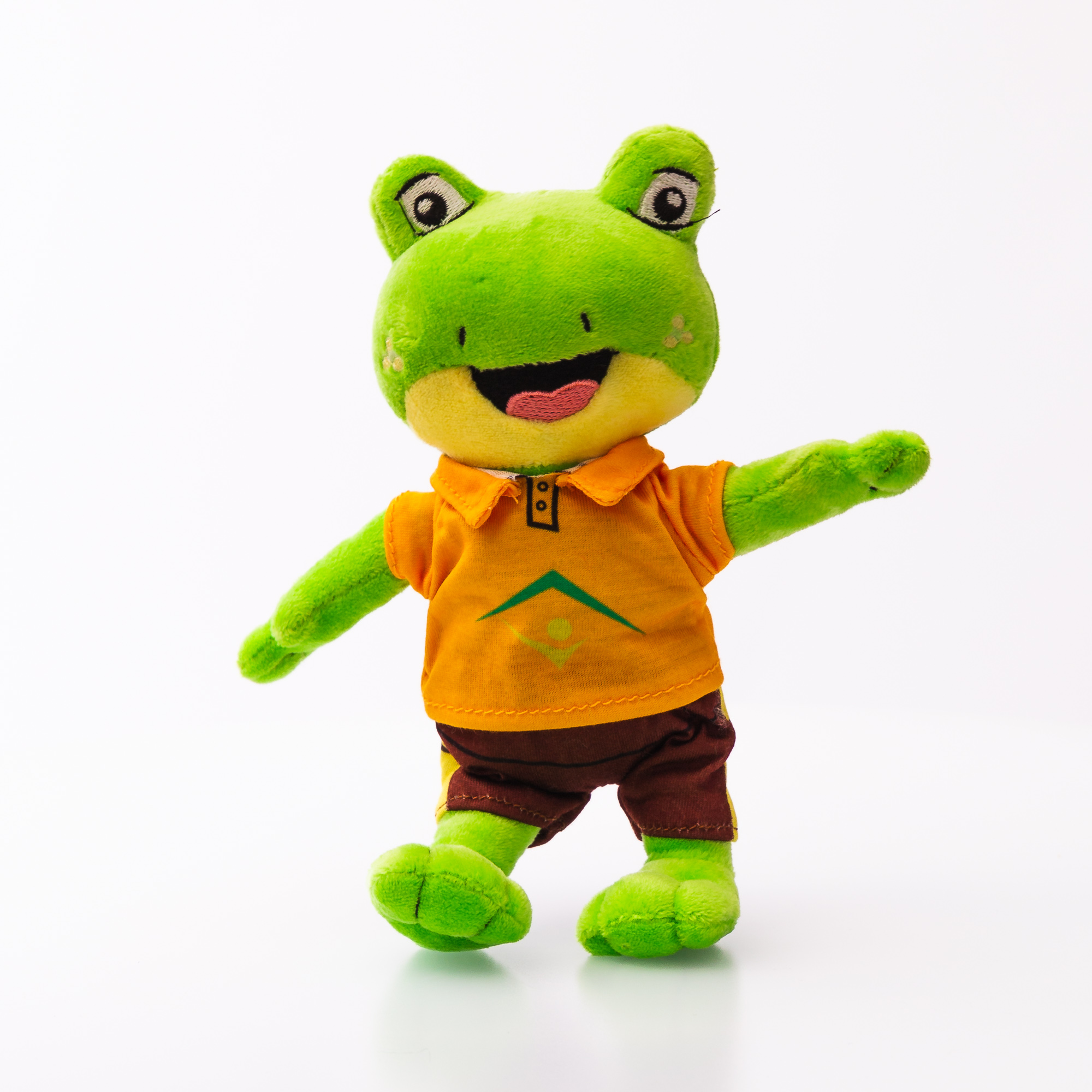 Ein individuell gestalteter Frosch als Werbeplüschtier hergestellt durch Promo Bears