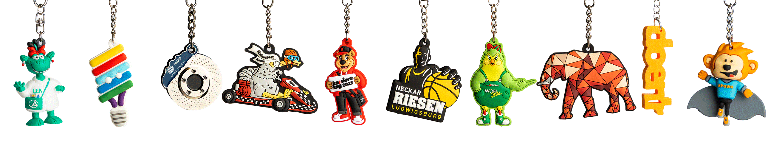 Individuelle Schlüsselanhänger von Promo Bears Custom keychains in the shapes of logos, mascots, objects and words