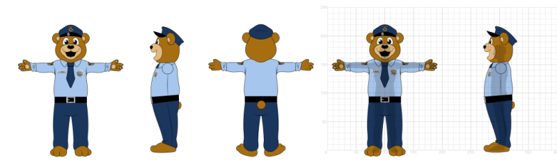 Custom Squishies – Initial client concept design Produktionszeichnung eines Polizeibären-Maskottchenkostüms der Polizei von Sacramento