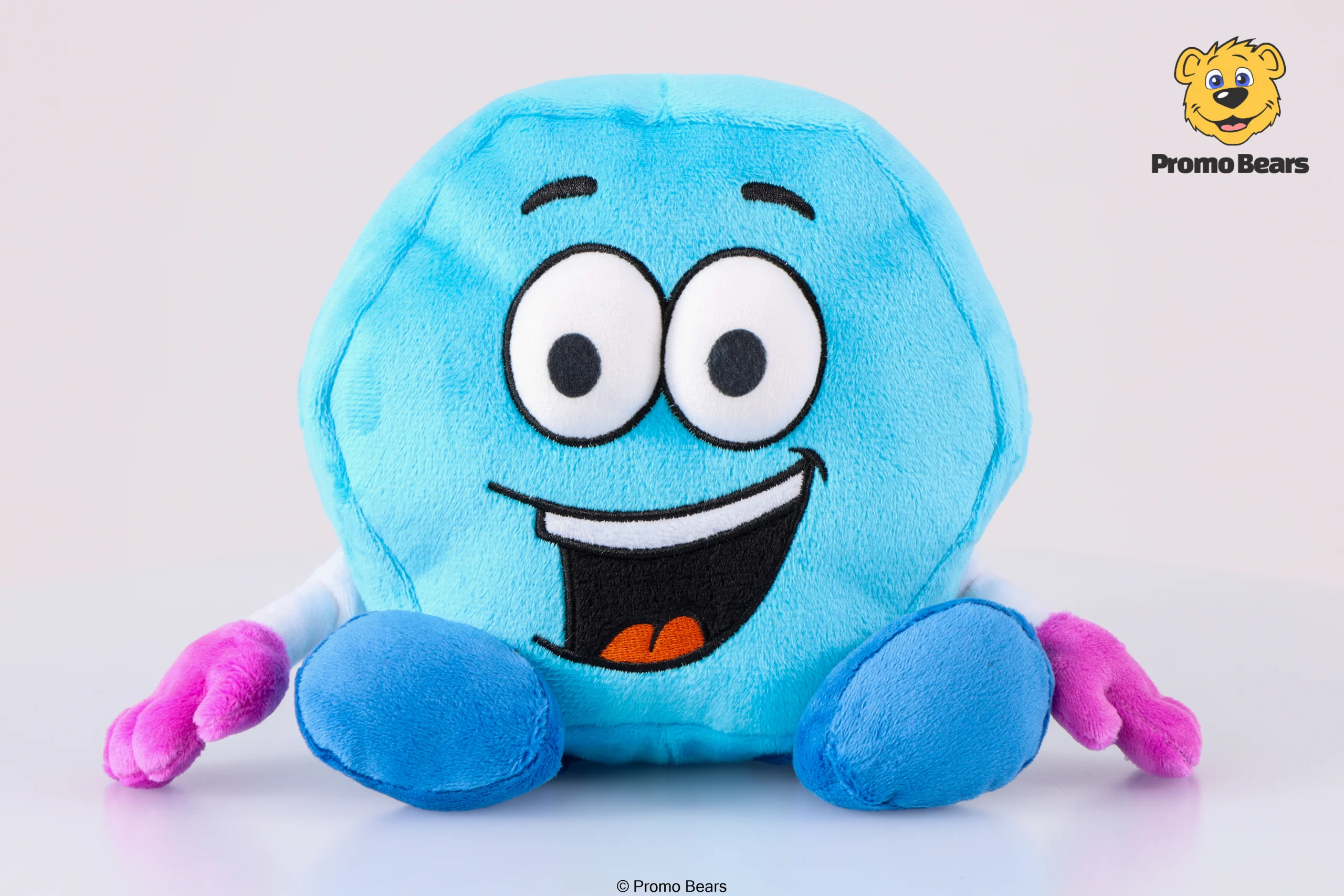 Smiling blue plush bear with pink paws, sitting against a pale background; Promo Bears logo in the top-right corner.