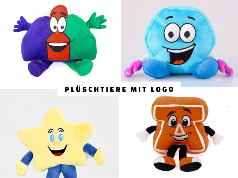 Collage of four colorful plush toys with cheerful faces: purple-green blob, blue rounded square, yellow star, and orange square character.