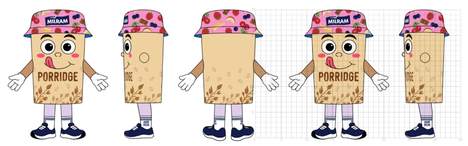 Milram-Porridge-Design MILRAM Porridge Maskottchen Plüschtiere als Werbeartikel — individuelles Werbemittel Plüschtiere von Promo Bears mit gesticktem MILRAM-Logo und Früchte-Hat